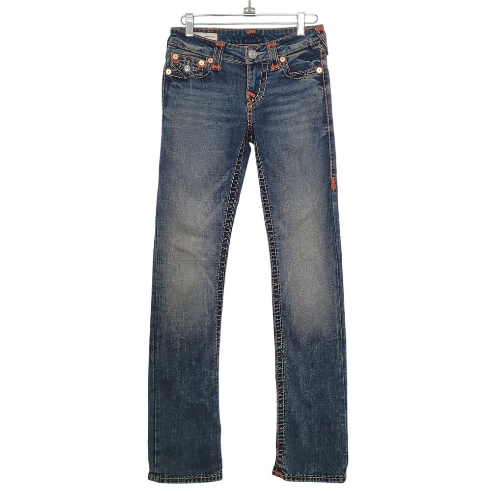 True Religion Billie Mid Rise Straight Jeans Orange Stitch Women's 24 Boho Y2k